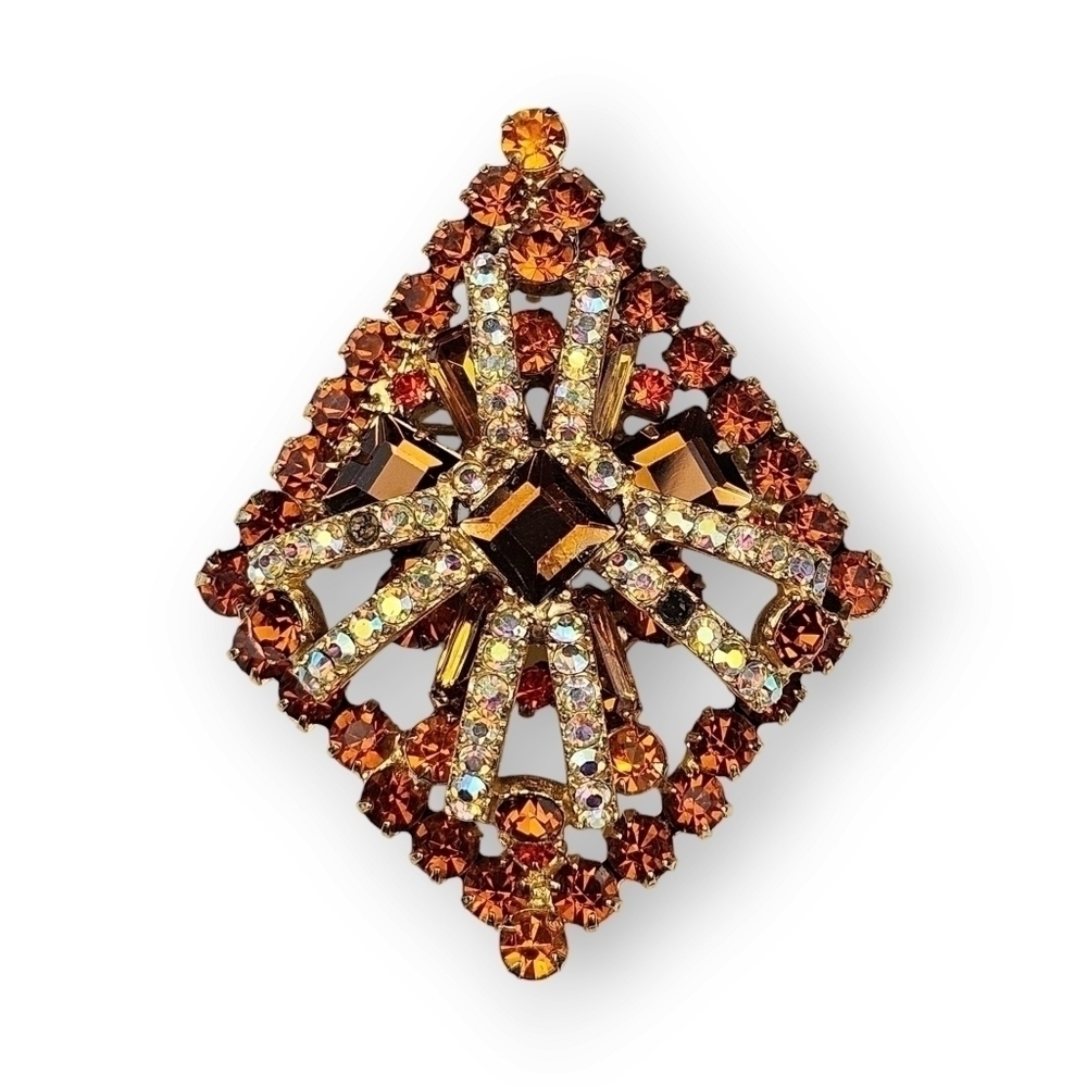Juliana Rhinestone Brooch Pin Pendant Layered Topaz AB Orange Diamond Vtg D&E